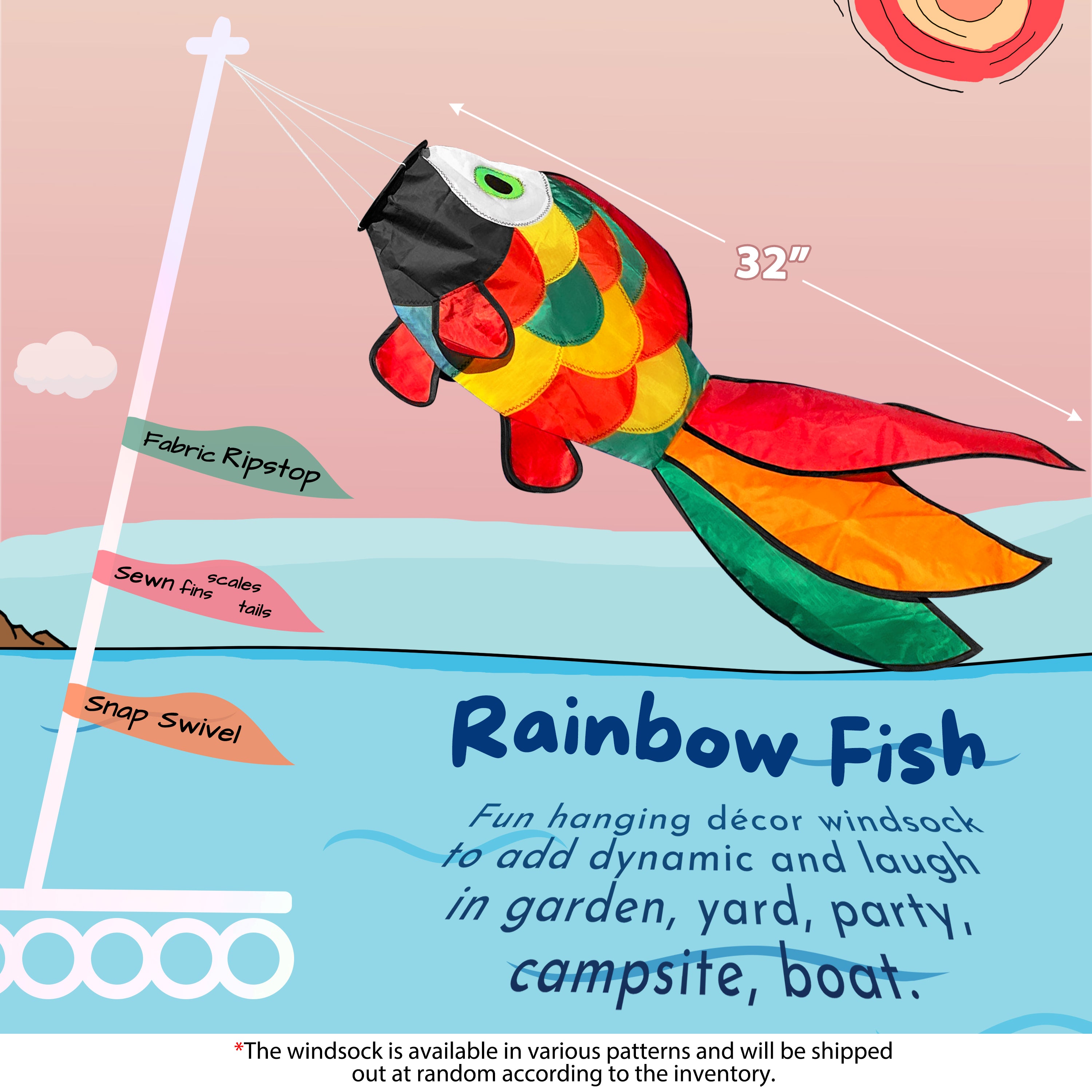 32 in Cute Rainbow Fish Windsock Spinner Spiral