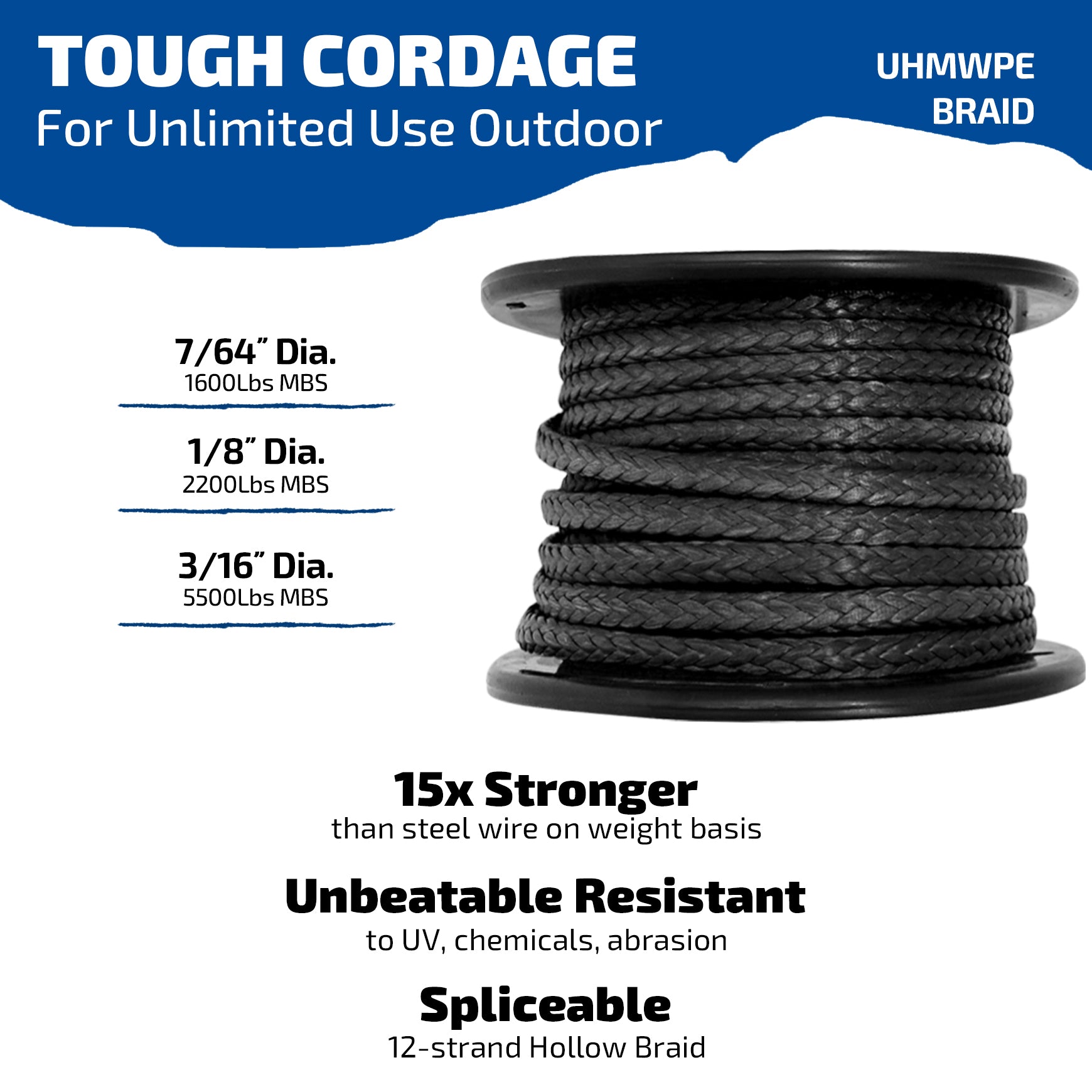 1600Lb, 2200Lb, 5500Lb UHMWPE Braided Line Spool