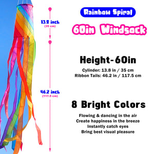60in Rainbow Spiral Windsock 8 Bright Colors Spinner Garden Decor