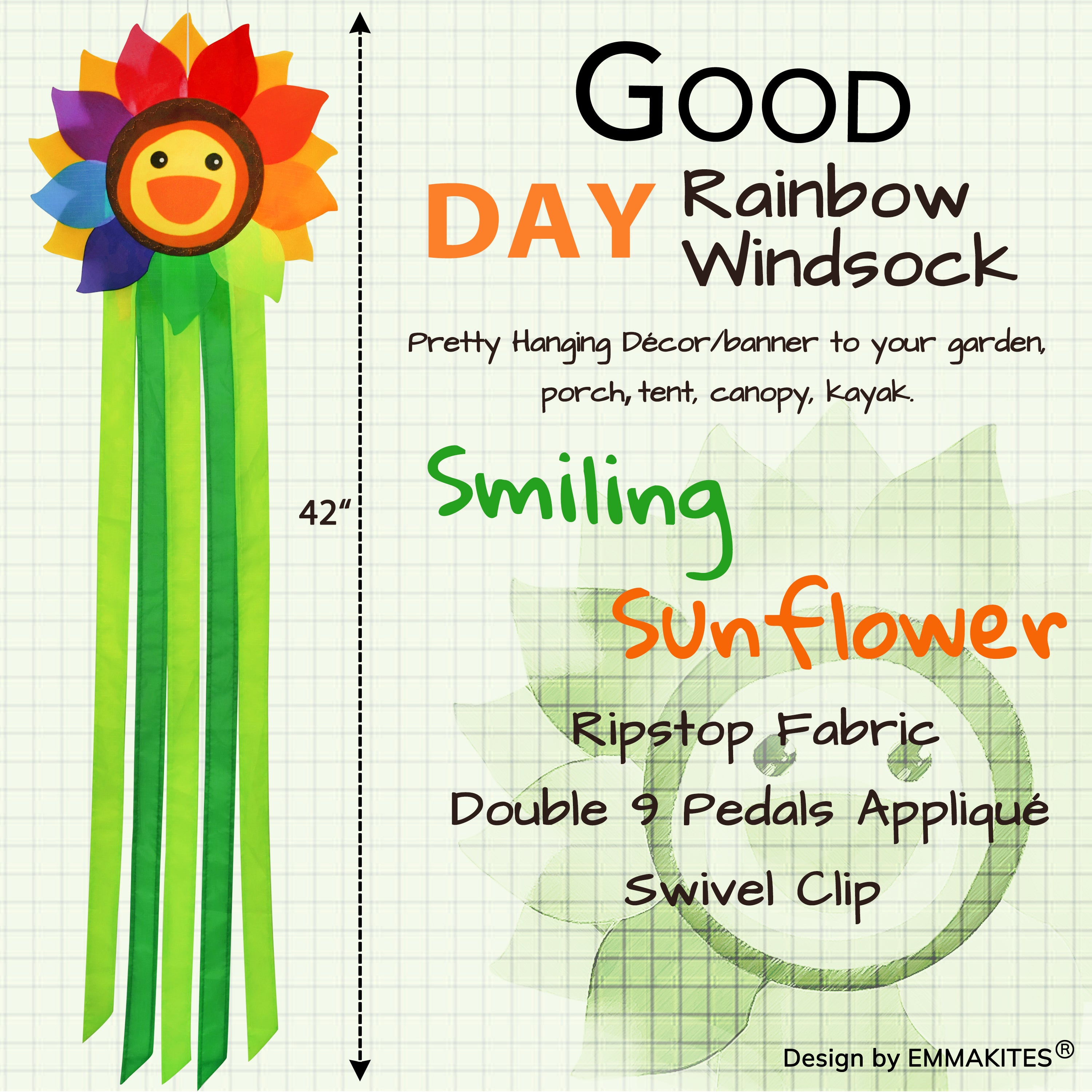 42 inch Smiling Sunflower Rainbow Windsock