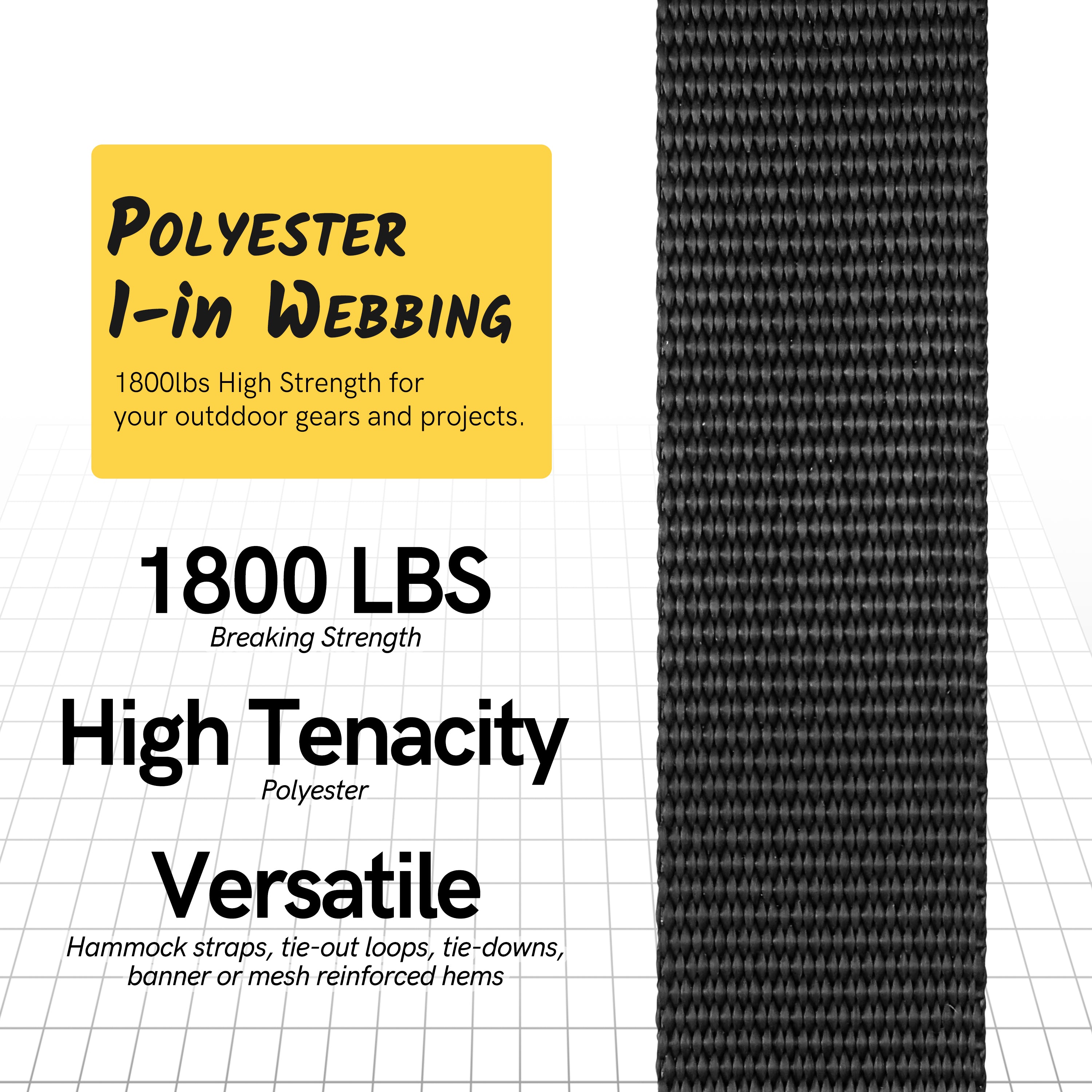1" Polyester Webbing Black 1800LBS 10 Yard